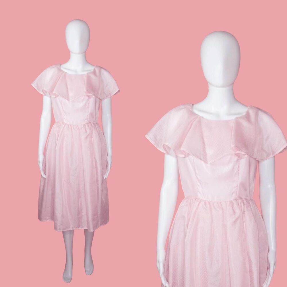 1970s-1980s PINK & White SWISS Dot RUFFLE Semi Sheer Full Skirt Party Dress. S-M